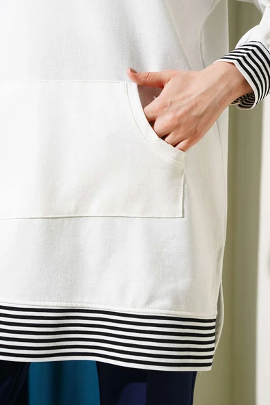 Şerit Ribanalı Kanguru Cepli Tunik Ekru - Resim 4