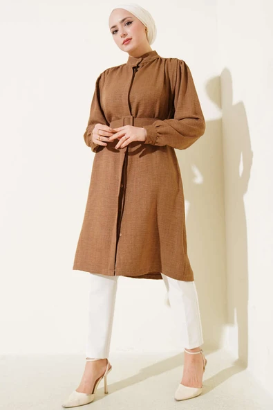 Hakim Yaka Kemerli Uzun Gömlek Kahve - Resim 2