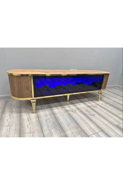 SEDAŞ LIVING UNITS Tv Ünitesi Şömineli Kahve Gold Ayak Bluetooth Ve Hoparlörlü Mavi ,kırmızı ,turuncu Kumandalı 180 Cm