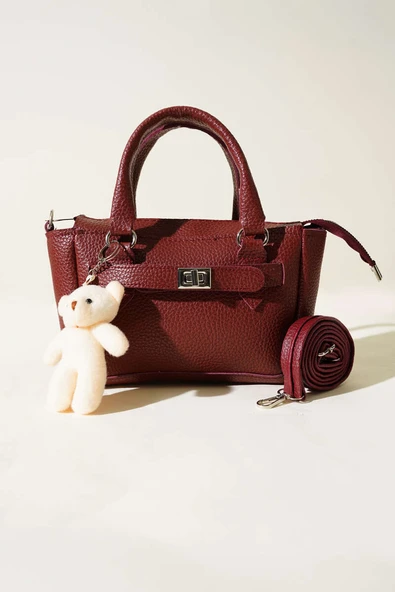 Ayıcık Aksesuarlı Fermuarlı Çanta Bordo - Resim 2