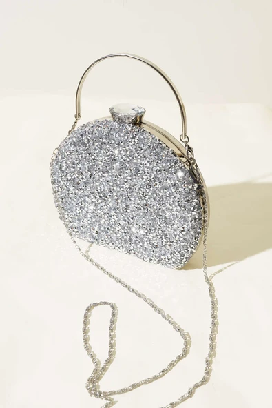 Taşlı Oval  Abiye Çanta Gümüş ürün görseli 1