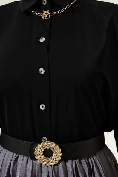 Şifon Basic Gömlek Siyah - Resim 4