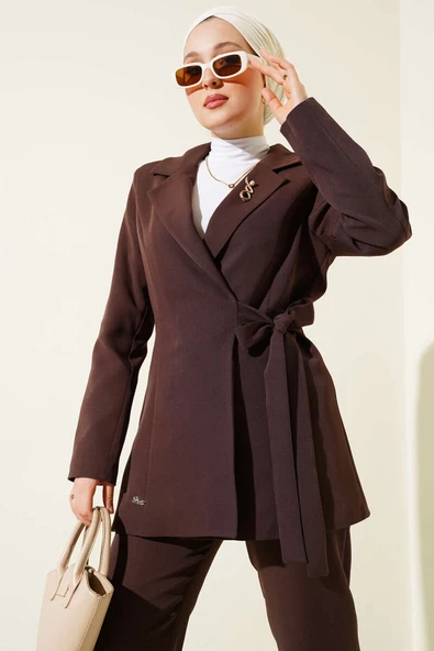 Yanı Bağlamalı Ceketli İkili Takım Kahve - Resim 2