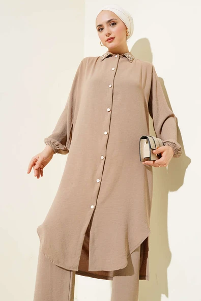 Yaka İncili Uzun Tunik İkili Takım Vizon - Resim 2