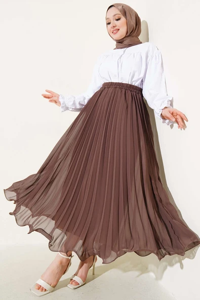 Bel Lastikli Fırfırlı Şifon Etek Kahve - Resim 2