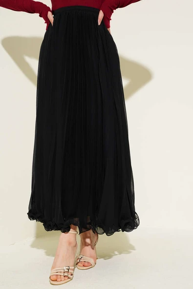 Bel Fermuarlı Şifon Pileli Etek Siyah - 2