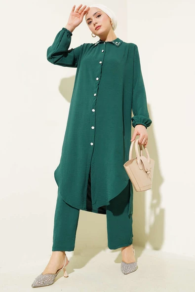 Yaka İncili Uzun Tunik İkili Takım Zümrüt ürün görseli 1