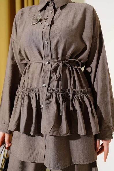 Eteği Fırfırlı İp Kuşaklı İkili Takım Vizon - Resim 4