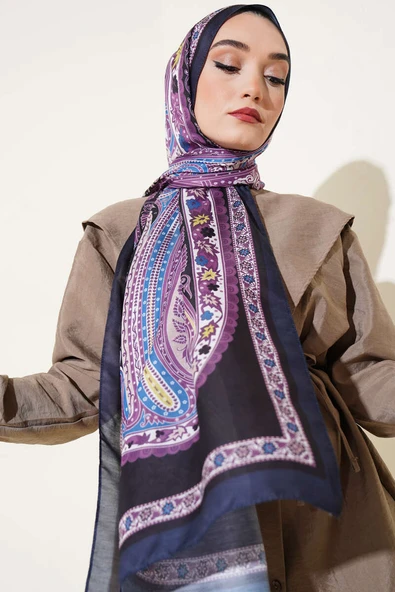 Çiçekli Etnik Desen Şal Mor