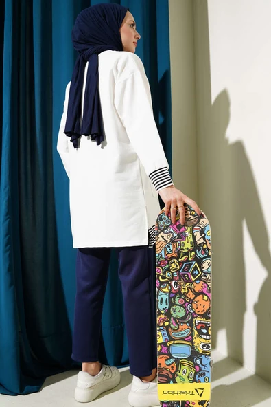 Şerit Ribanalı Kanguru Cepli Tunik Ekru - Resim 3