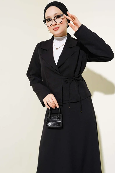 Yandan Bağlamalı Kruvaze Yaka Ceket Takım Siyah - Resim 2