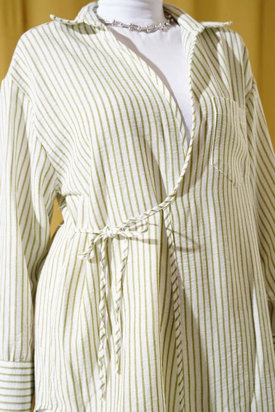 Cepli Çizgili Yandan İp Bağlamalı Kimono Haki - 4