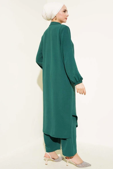 Yaka İncili Uzun Tunik İkili Takım Zümrüt - Resim 3