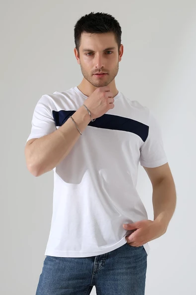 Erkek İki Renk Parçalı Bisiklet Yaka T-Shirt - Pamuklu Tişört - 11