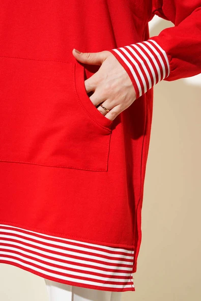 Şerit Ribanalı Kanguru Cepli Tunik Kırmızı - Resim 4
