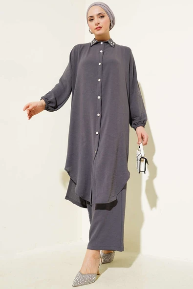 Yaka İncili Uzun Tunik İkili Takım Füme ürün görseli 1