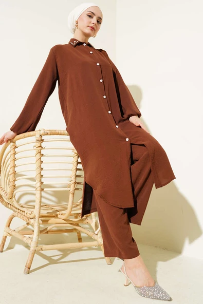 Yaka İncili Uzun Tunik İkili Takım Kahve ürün görseli 1
