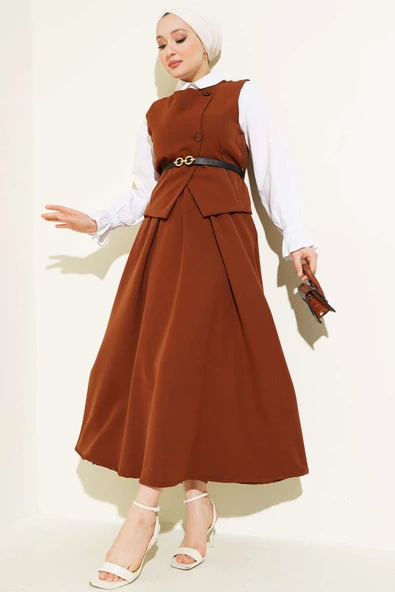 Çapraz Düğmeli Kemerli Etekli İkili Takım Kahve - Resim 1