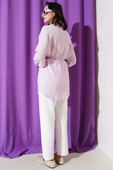 İp Kuşaklı Ağaç Kabuğu Gömlek Lila - Resim 3