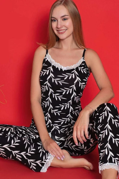 Yaprak Desen İp Askılı Dantelli Pijama Takım Siyah - Resim 2