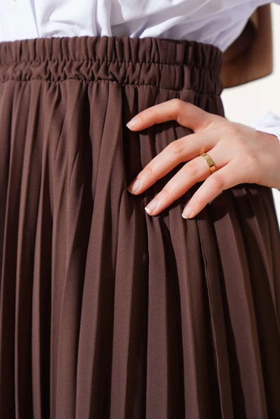 Bel Lastikli Fırfırlı Şifon Etek Kahve - Resim 4
