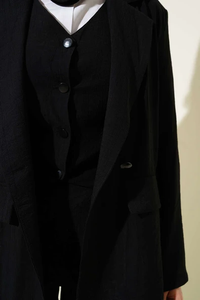 Omuz Vatkalı Ceketli Yelekli Üçlü Takım Siyah - Resim 4