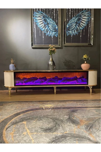 SEDAŞ LIVING UNITS Tv Ünitesi Şömineli Beyaz Gold Ayak Bluetooth Ve Hoparlörlü Mavi ,kırmızı ,turuncu Kumandalı 180 Cm - 3