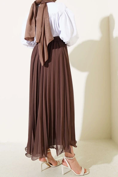 Bel Lastikli Fırfırlı Şifon Etek Kahve - Resim 3