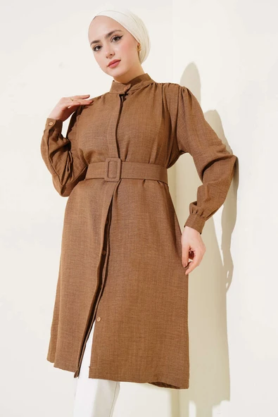 Hakim Yaka Kemerli Uzun Gömlek Kahve ürün görseli 1