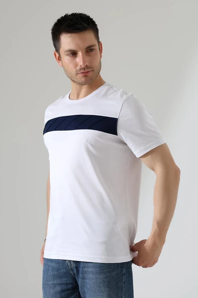 Erkek İki Renk Parçalı Bisiklet Yaka T-Shirt - Pamuklu Tişört - 10