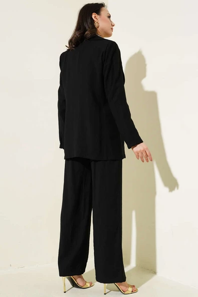 Omuz Vatkalı Ceketli Yelekli Üçlü Takım Siyah - Resim 3