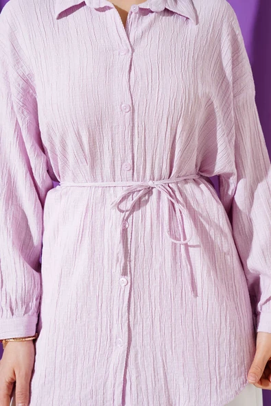 İp Kuşaklı Ağaç Kabuğu Gömlek Lila - Resim 4