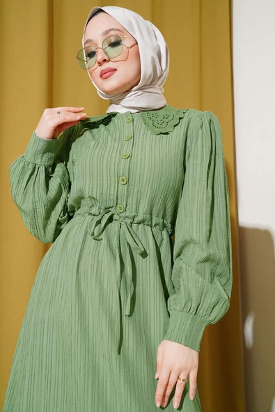 Yaka Dantelli Bel Tünelli Elbise Çağla Yeşili - Resim 2