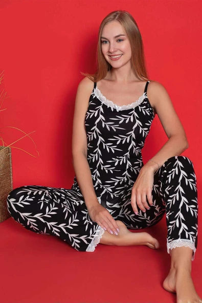 Yaprak Desen İp Askılı Dantelli Pijama Takım Siyah ürün görseli 1