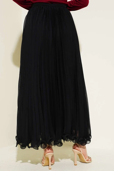 Bel Fermuarlı Şifon Pileli Etek Siyah - 3