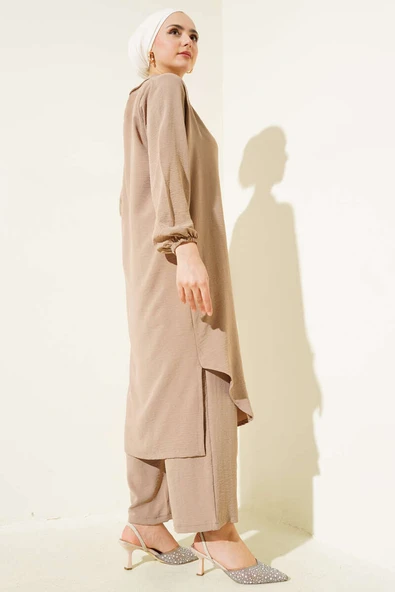 Yaka İncili Uzun Tunik İkili Takım Vizon - Resim 3