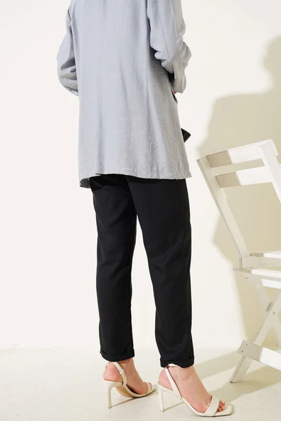 Duble Dar Paça Bel Lastikli Pantolon Siyah - Resim 3