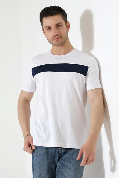 Erkek İki Renk Parçalı Bisiklet Yaka T-Shirt - Pamuklu Tişört - 4