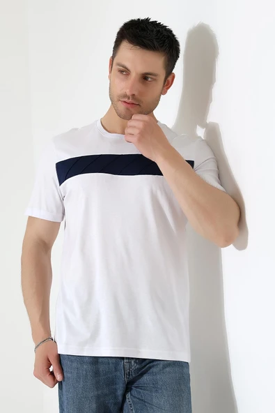 Erkek İki Renk Parçalı Bisiklet Yaka T-Shirt - Pamuklu Tişört - 6
