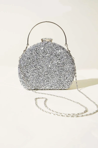 Taşlı Oval  Abiye Çanta Gümüş - Resim 2