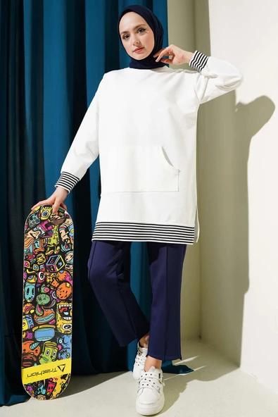 Şerit Ribanalı Kanguru Cepli Tunik Ekru - Resim 2