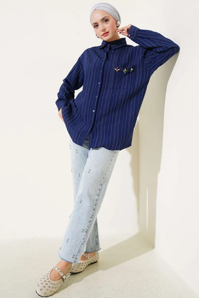 İnce Çizgili Cep Taşlı Gömlek Lacivert - Resim 2