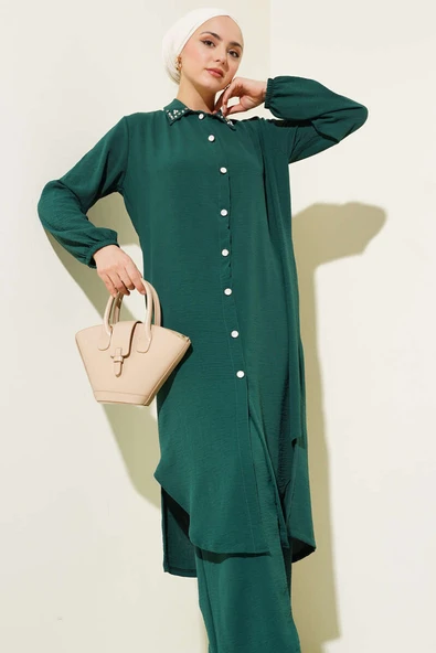 Yaka İncili Uzun Tunik İkili Takım Zümrüt - Resim 2