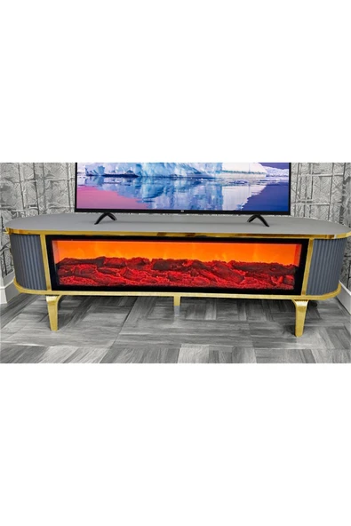 SEDAŞ LIVING UNITS Tv Ünitesi Şömineli Gri Gold Ayak Bluetooth Ve Hoparlörlü Mavi ,kırmızı ,turuncu Kumandalı 180 Cm