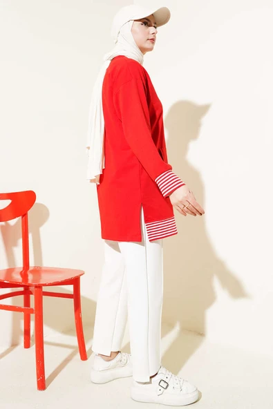 Şerit Ribanalı Kanguru Cepli Tunik Kırmızı - Resim 3