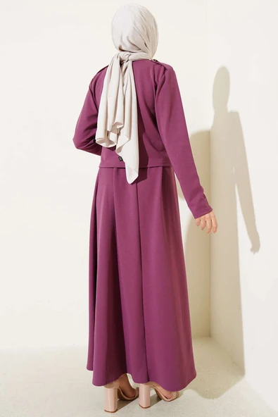 Omuz Apoletli Gold Düğmeli Etekli Takım Magenta - Resim 3