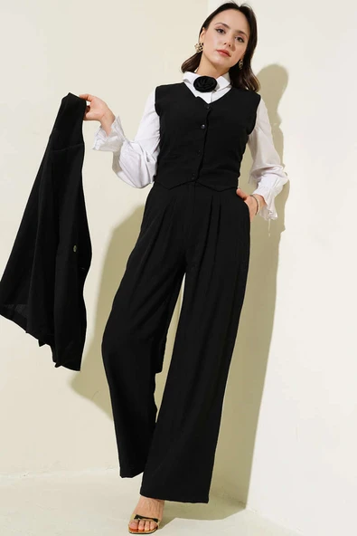 Omuz Vatkalı Ceketli Yelekli Üçlü Takım Siyah ürün görseli 1