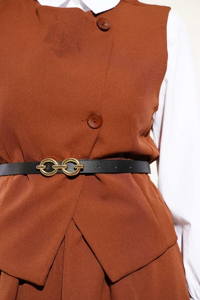 Çapraz Düğmeli Kemerli Etekli İkili Takım Kahve - Resim 4