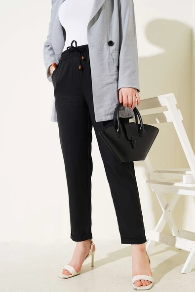 Duble Dar Paça Bel Lastikli Pantolon Siyah ürün görseli 1