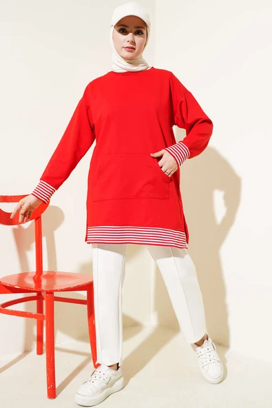 Şerit Ribanalı Kanguru Cepli Tunik Kırmızı - Resim 2